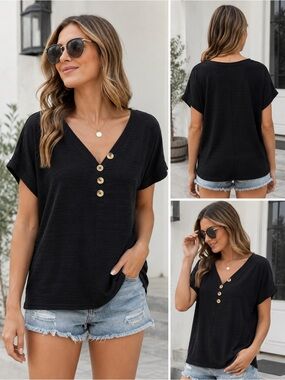 New Directions Black Textured Button Front Top – Size Small